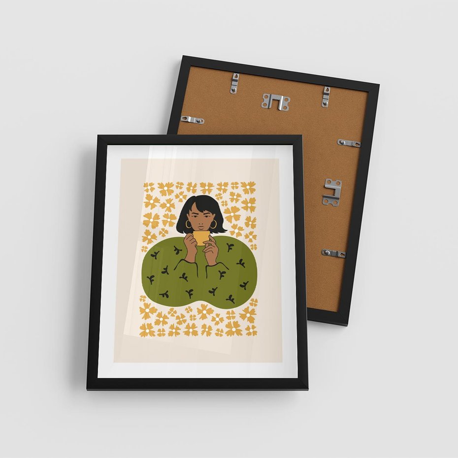 Plakat w ramie 40x50 - Wewnętrzne Fale - nowoczesny plakat, kobieta otoczona liśćmi - rama czarna