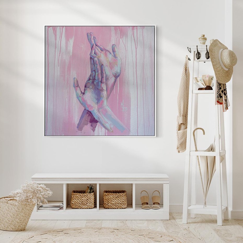 Obraz w ramie 80x80 - Splecione - obraz olejny, pastelowe kolory - rama biała
