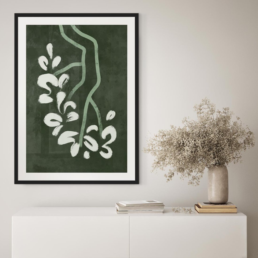 Plakat w ramie 40x50 - Rozkwitające Zielone Gałęzie - abstrakcyjne delikatne zielone linie, podobne do gałęzi kwiatów - rama czarna