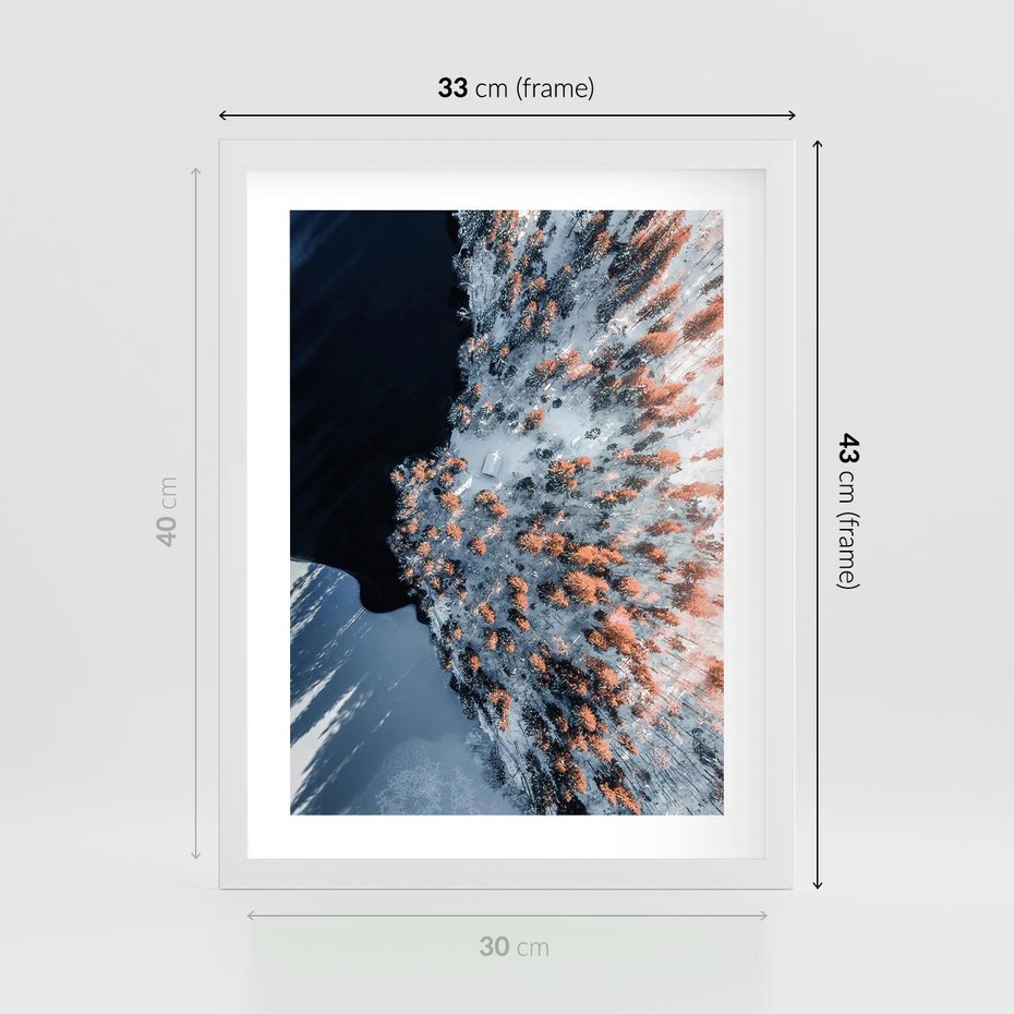 Plakat w ramie 30x40 - Lot Ptaka - zima, zimowy krajobraz - rama biała