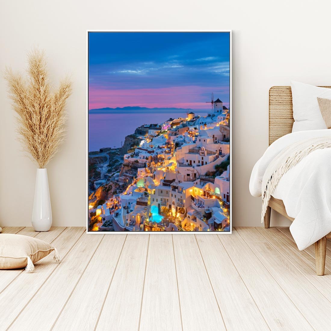 Obraz w ramie 80x120 - Wyblakłe wspomnienia gwiazd - Santorini, wieczór - rama biała