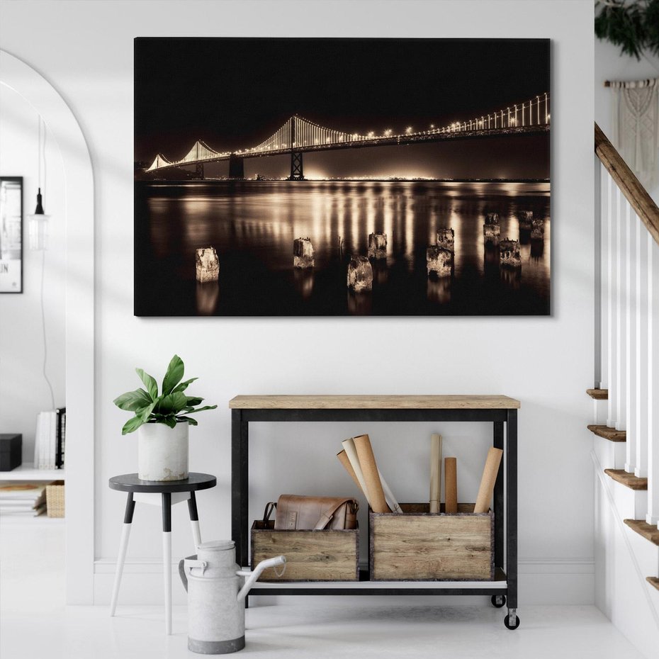 Obraz na płótnie 100x70 - Most nocą nad rzeką - noc, most