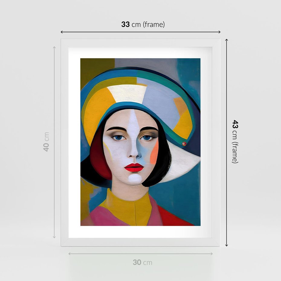 Plakat w ramie 30x40 - Kształtujące Widzenia - abstrakcyjny obraz olejny, portret twarzy kobiety - rama biała