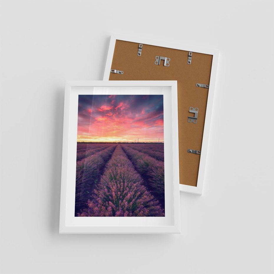Plakat w ramie 30x40 - Różowe Niebo nad Polami - pola lawendy, zachód słońca - rama biała