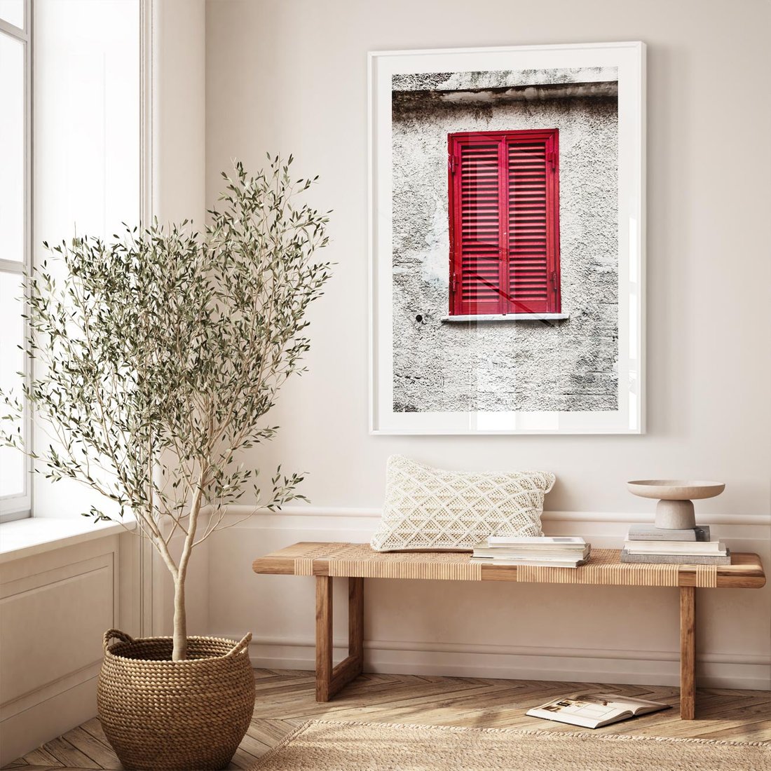 Plakat bez ramy 50x70 - Okno z Czerwonymi Okiennicami - stare okno, kamienica