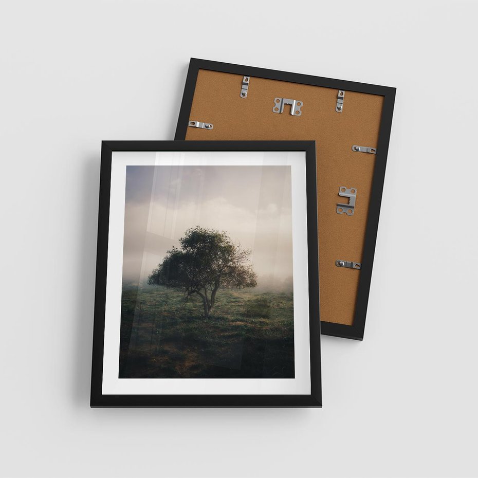 Plakat w ramie 40x50 - Zamglona Prostota - artystyczna fotografia, samotne drzewo na zamglonej łące - rama czarna
