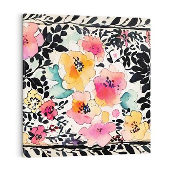 Obraz na płótnie 50x50 - Opowieść w kroplach farb - akwarelowe kwiaty, mocna ornamentowa czarna ramka namalowana dookoła obrazu