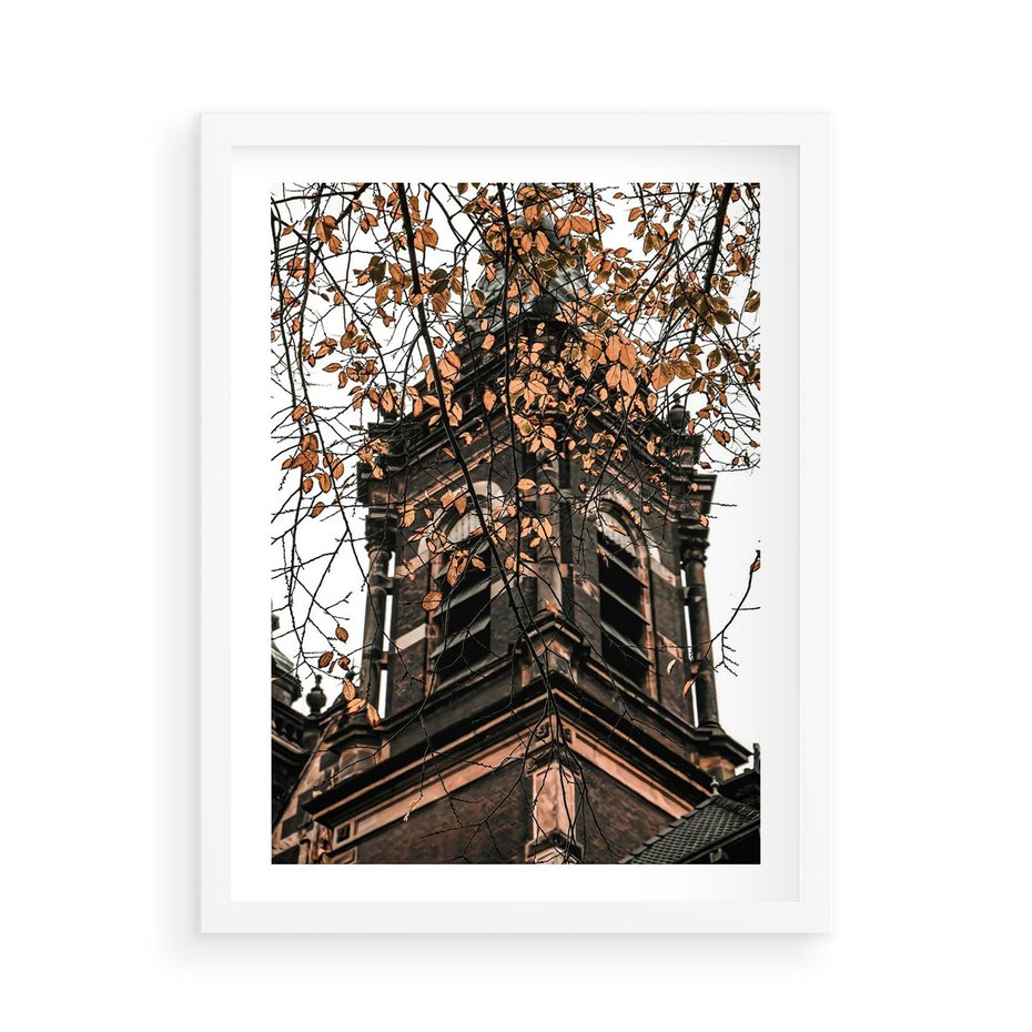 Plakat w ramie 50x70 - Jesienna Wieża w Liściach - architektura, wieża - rama biała