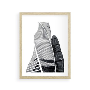 Plakat w ramie 30x40 - Wieżowce z Falistymi Kształtami - nowoczesne wieżowce, czarno biała fotografia - rama drewno