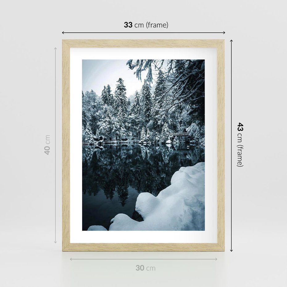 Plakat w ramie 30x40 - Zima nad Jeziorem - krajobraz zimowy, jezioro - rama drewno
