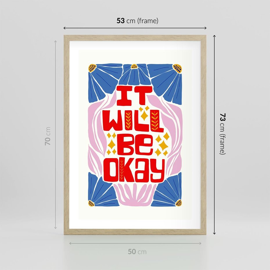 Plakat w ramie 50x70 - Kwiatowa Ekstaza - czerwona pozytywna typografia, kwiatowa kompozycja - rama drewno