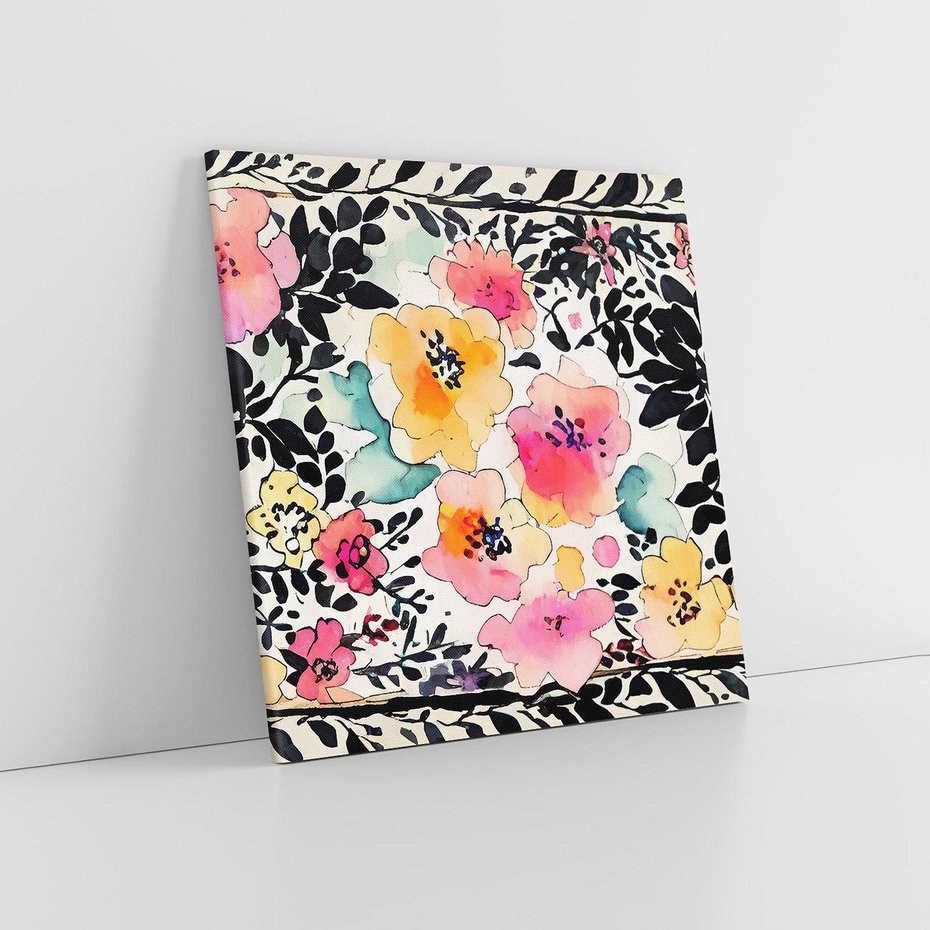 Obraz na płótnie 40x40 - Opowieść w kroplach farb - akwarelowe kwiaty, mocna ornamentowa czarna ramka namalowana dookoła obrazu