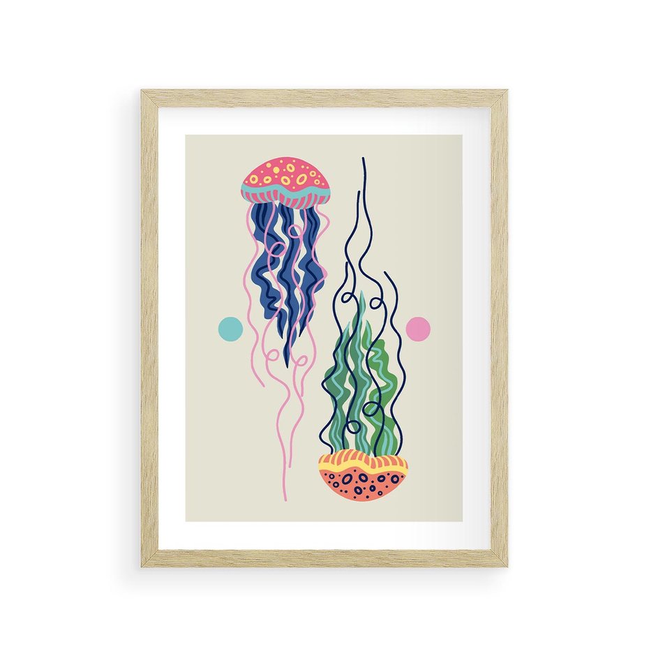 Plakat w ramie 30x40 - Morskie Pulsacje - nowoczesny optymistyczny plakat, kolorowe meduzy - rama drewno