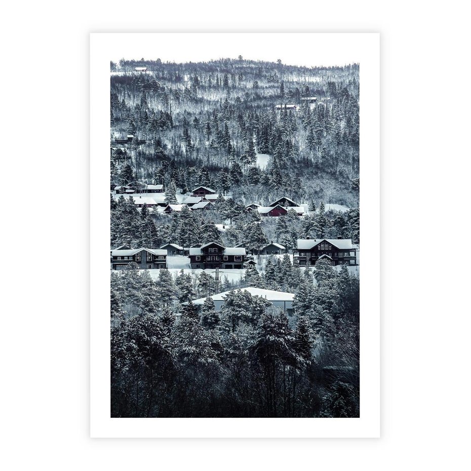 Plakat bez ramy 30x40 - Domki w Chmurach - górski zimowy krajobraz, dommki na wzgórzach