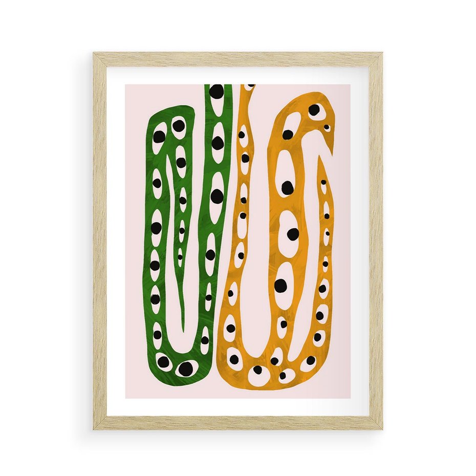 Plakat w ramie 50x70 - Migocące Zmaganie - abstrakcyjny obraz, dziwne kształty - rama drewno