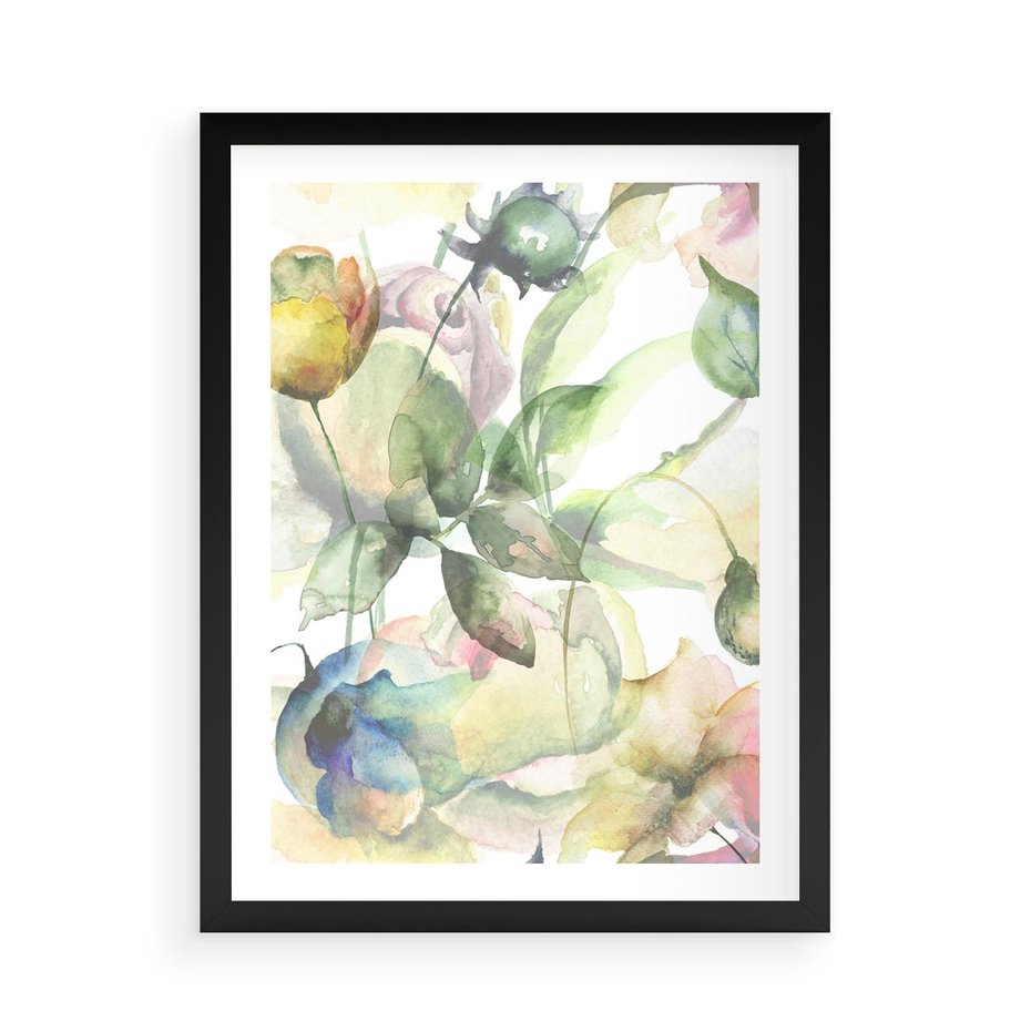 Plakat w ramie 50x70 - Delikatne Kolory - akwarelowe, kwiaty - rama czarna