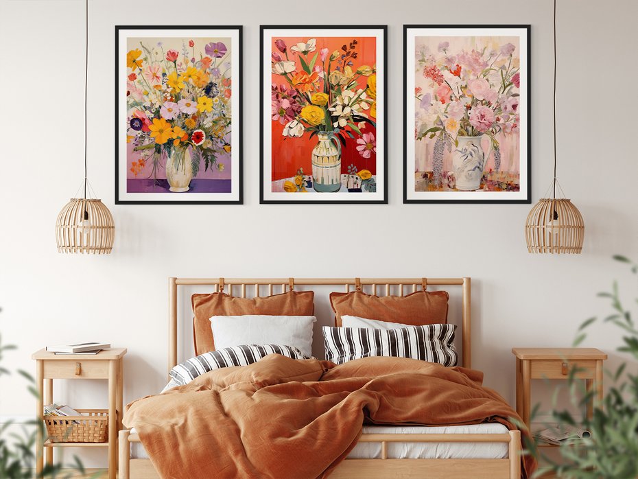 Zestaw obrazy w ramie 50x70 galeria - kwiaty, wazon, akwarela, pastele - rama czarna