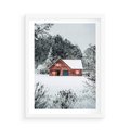 Plakat w ramie 50x70 - Domek w Górach Pokryty Śniegiem - domek w górach, śnieg - rama biała