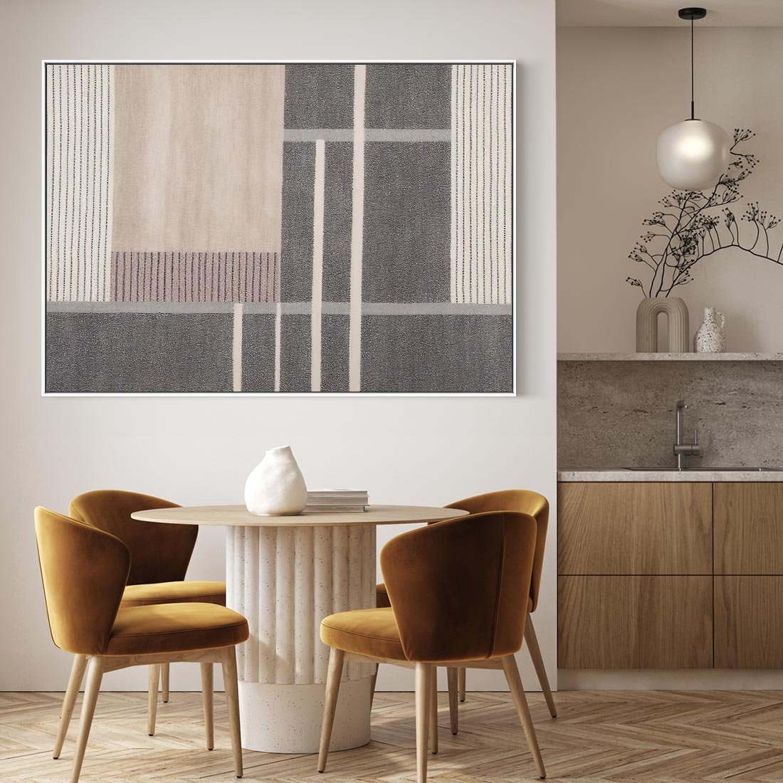 Obraz w ramie 100x70 - Harmonia skradzionych odcieni - symetryczne, geometryczne pasy - rama biała