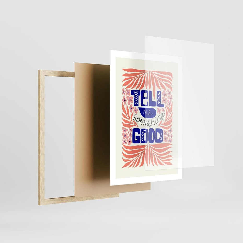 Plakat w ramie 50x70 - Bezgraniczne Formy - nowoczesna typografia, liście - rama drewno