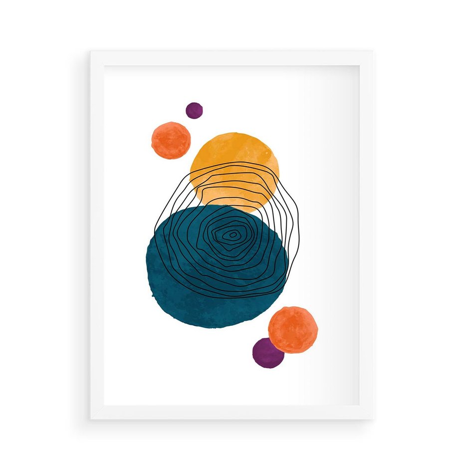 Plakat w ramie 50x70 - Kolorowe Plam z Czarnymi Liniami - kolorowe plamy, szkic - rama biała