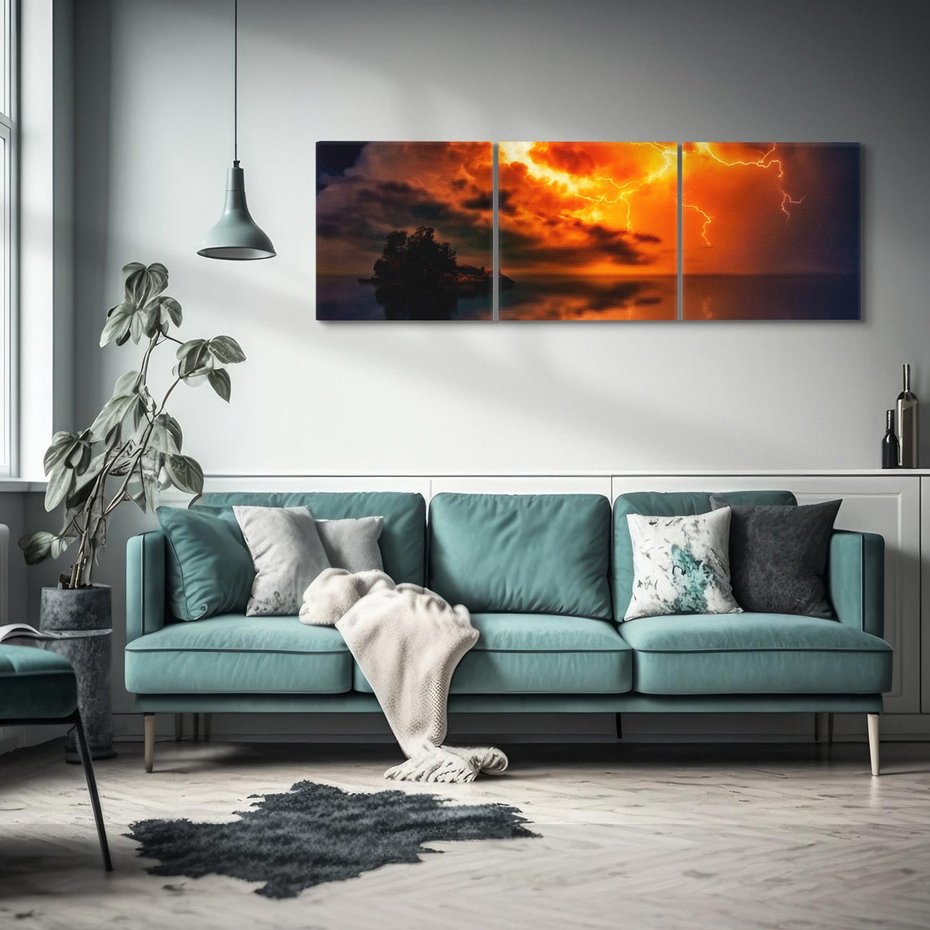 Obraz na płótnie 120x40 - Burza nad morzem z piorunem - burza, piorun