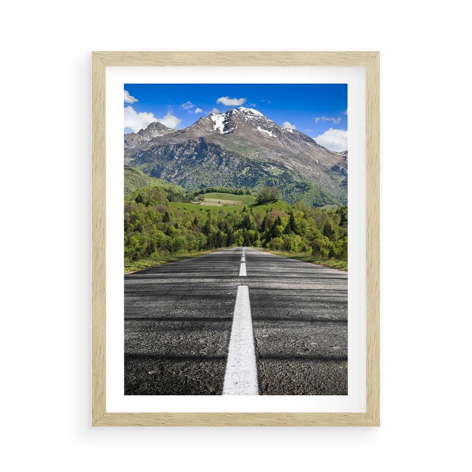Plakat w ramie 50x70 - Droga przez góry: podróż do przygody - droga, góry - rama drewno