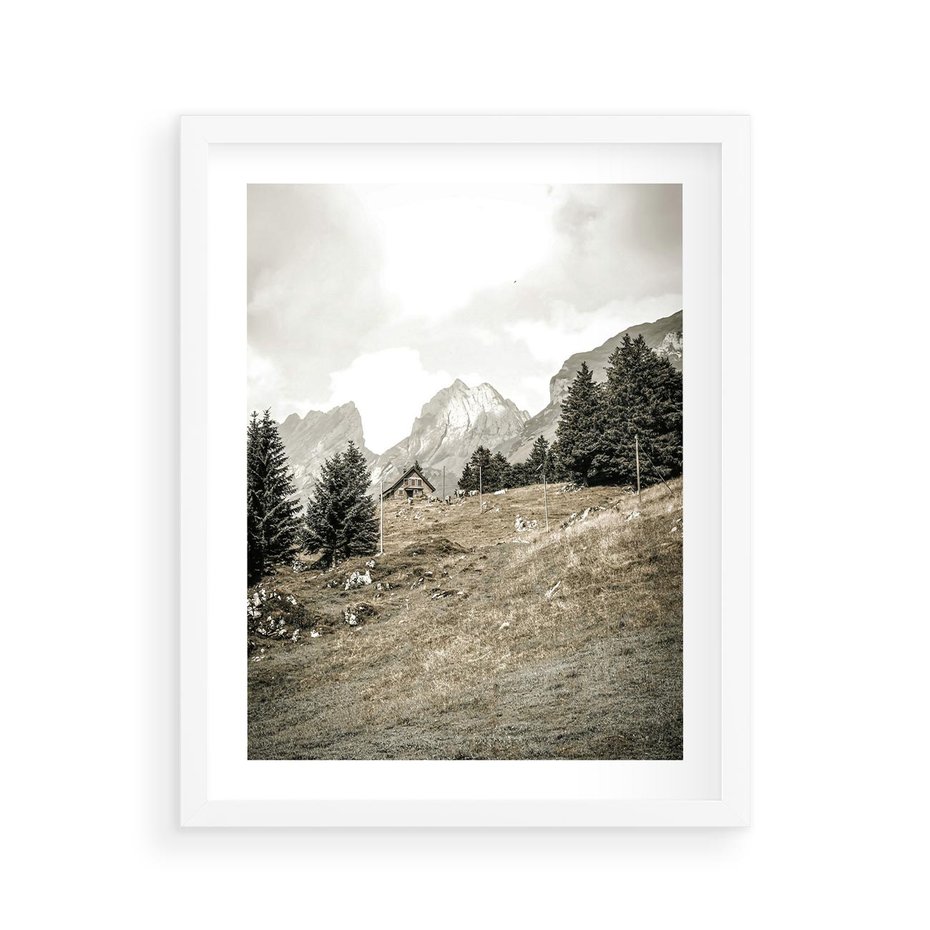 Plakat w ramie 40x50 - Krajobraz Sepii: Domek w Górach - domek w górach, góry - rama biała