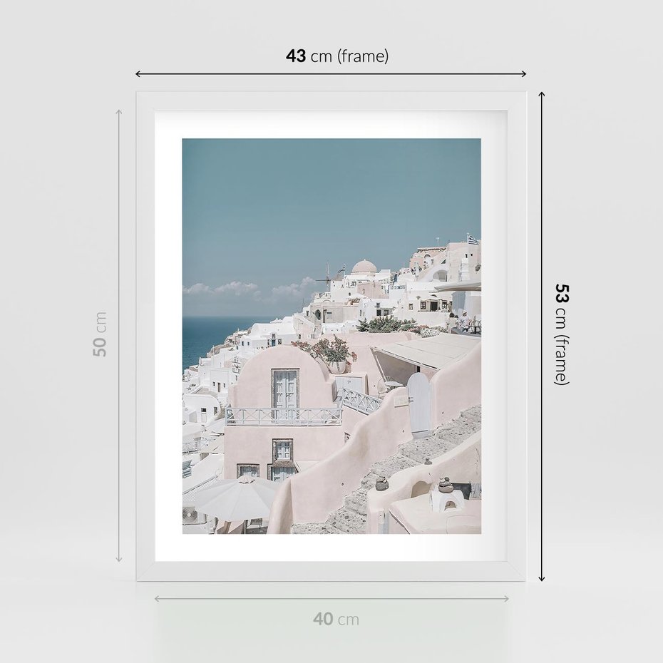 Plakat w ramie 40x50 - Śródziemnomorski Urok - zdjęcie Santorini, białe budynki - rama biała