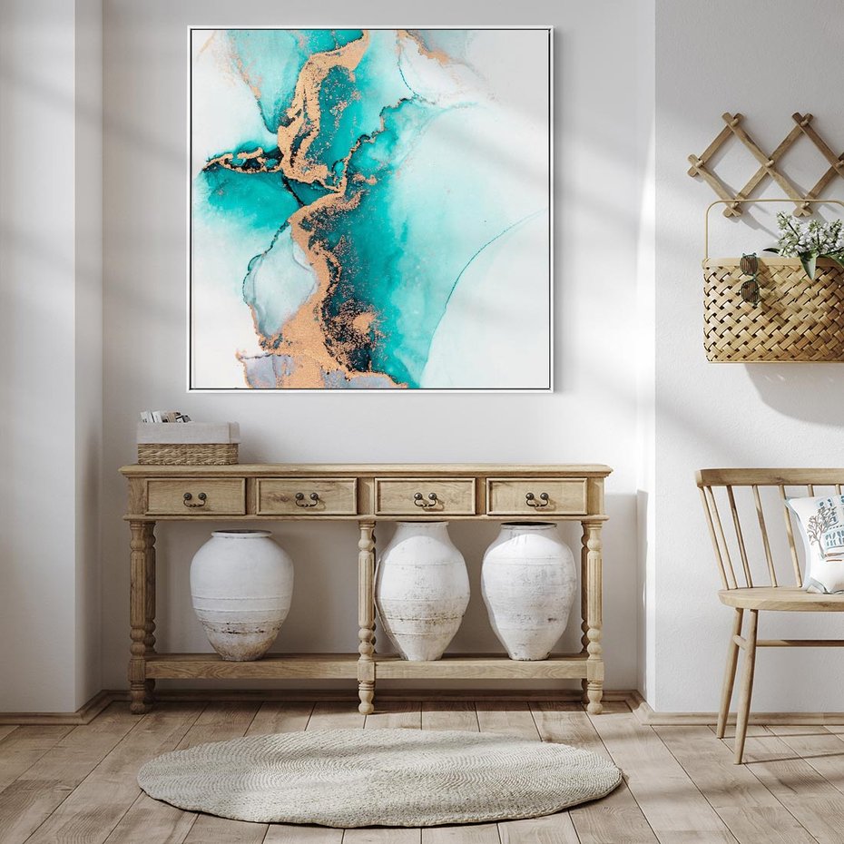 Obraz w ramie 80x80 - Elegancja i Subtelność - marmur, złoto - rama biała