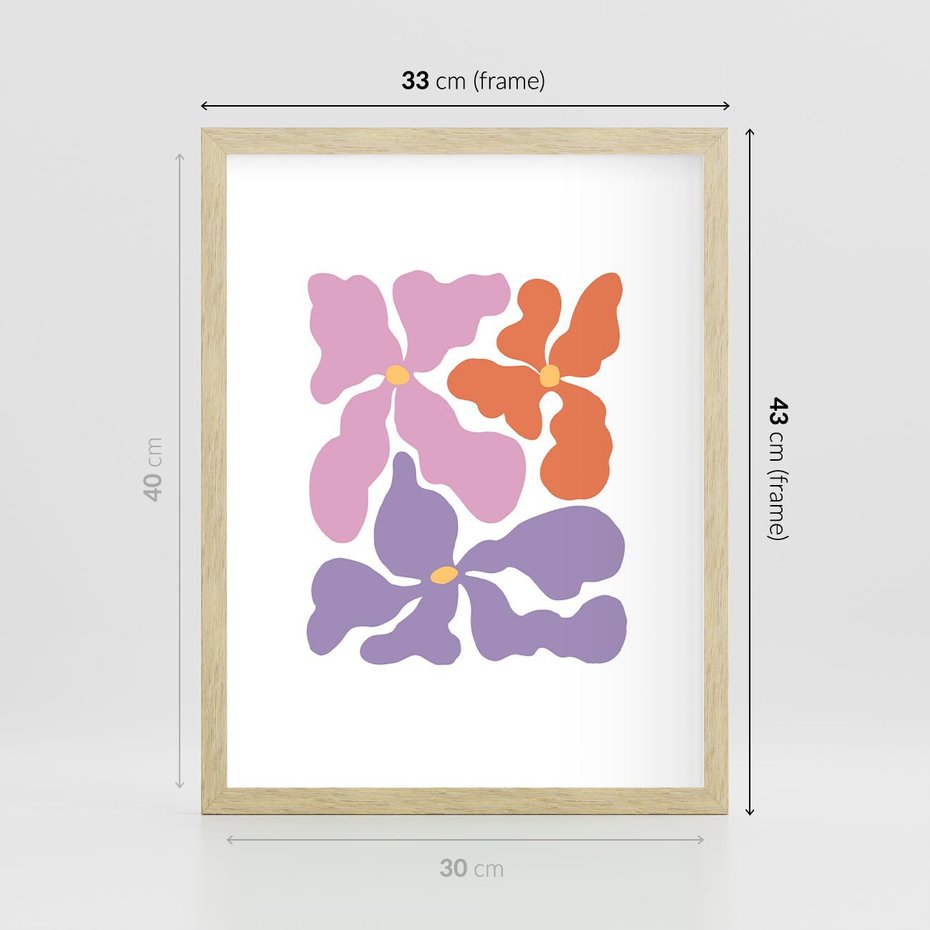 Plakat w ramie 30x40 - Bezgraniczne Wibracje - abstrakcyjne kolorowe kwiaty, minimlizm - rama drewno