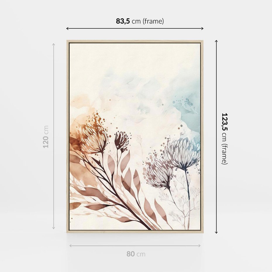 Obraz w ramie 80x120 - Nostalgiczne tańce pędzla - akwarelowe kwiaty, gałęzie - rama drewno