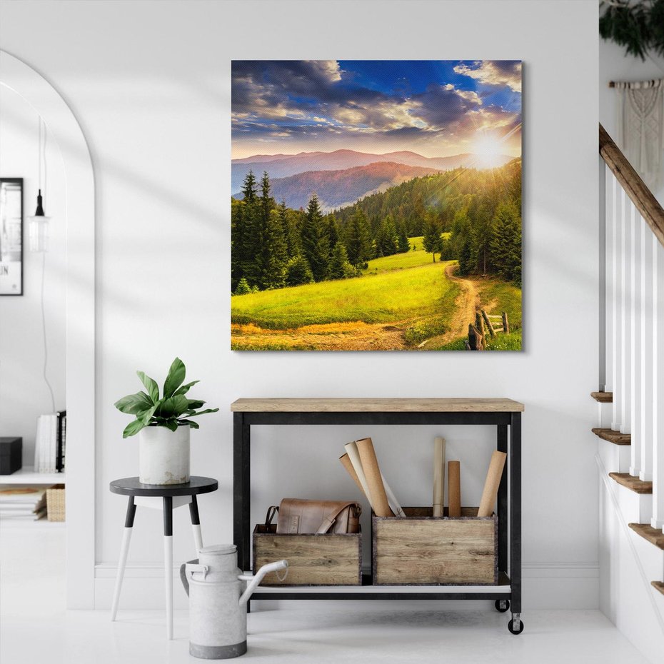 Obraz na płótnie 40x40 - Zachód słońca na łące - zachód, łąka