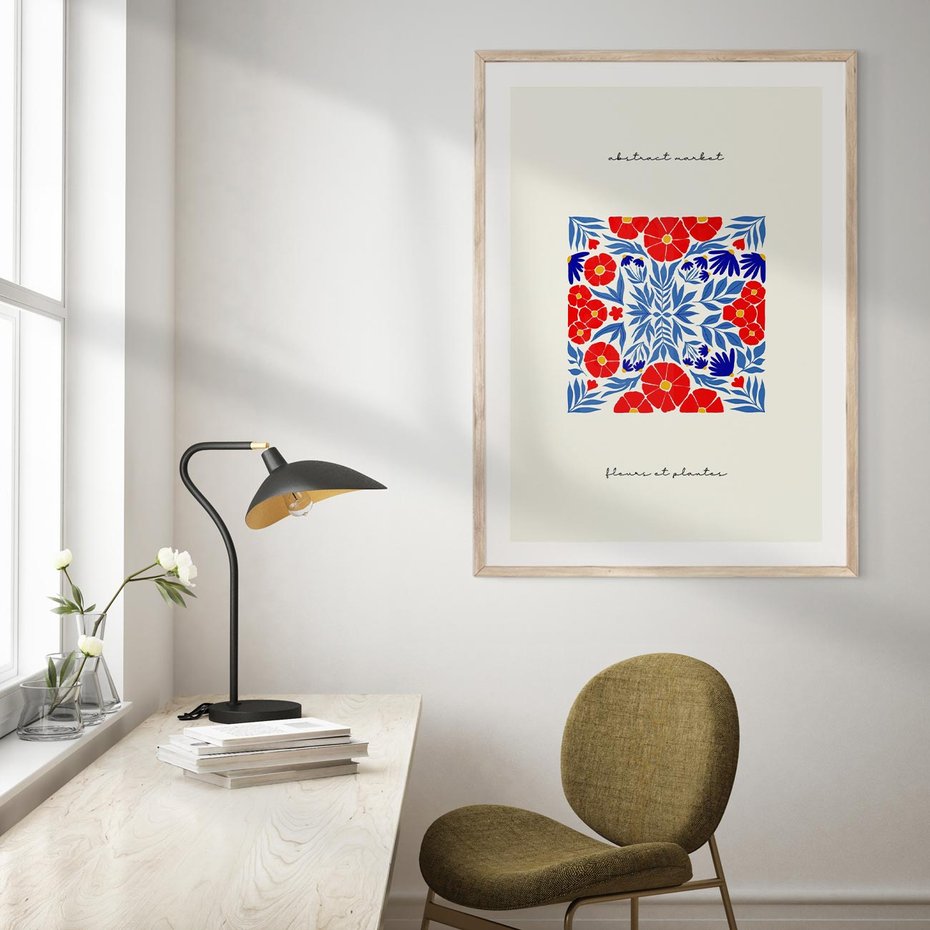 Plakat w ramie 30x40 - Tajemnicza Droga - nowoczesna kwiatowa kompozycja, czerwony i niebieski - rama drewno