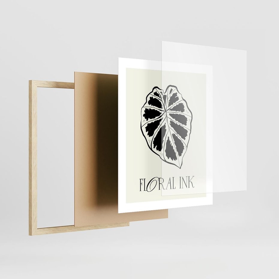Plakat w ramie 40x50 - Zapisane na liściach wspomnienia - liść, czarny kontur na jasnym tle - rama drewno