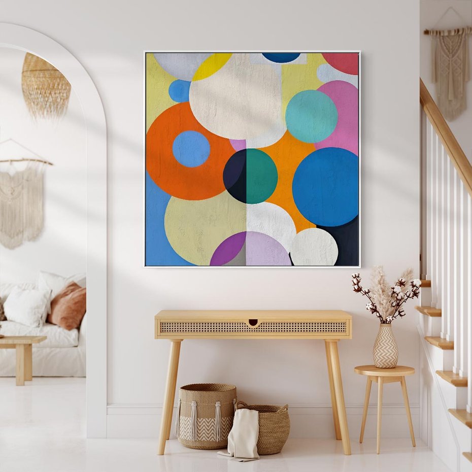 Obraz w ramie 80x80 - Tajemnicze Odbicia Czasu - abstrakcyjne geometryczne kształty, olejny obraz - rama biała