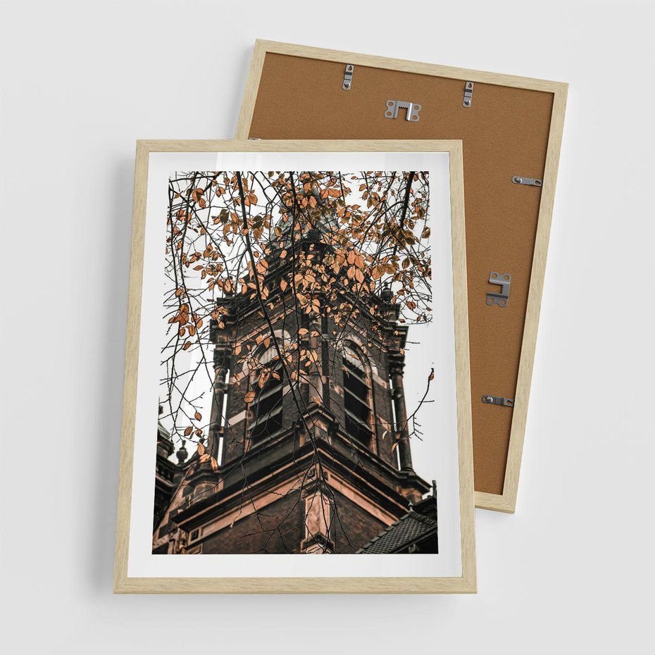 Plakat w ramie 50x70 - Jesienna Wieża w Liściach - architektura, wieża - rama drewno
