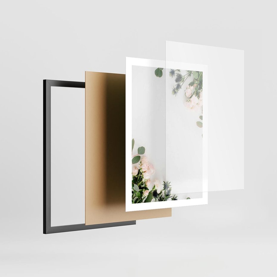 Plakat w ramie 50x70 - Kompozycja z Białych Róż i Eukaliptusa - kompozycja z białych kwiatów na białym tle, róże - rama czarna