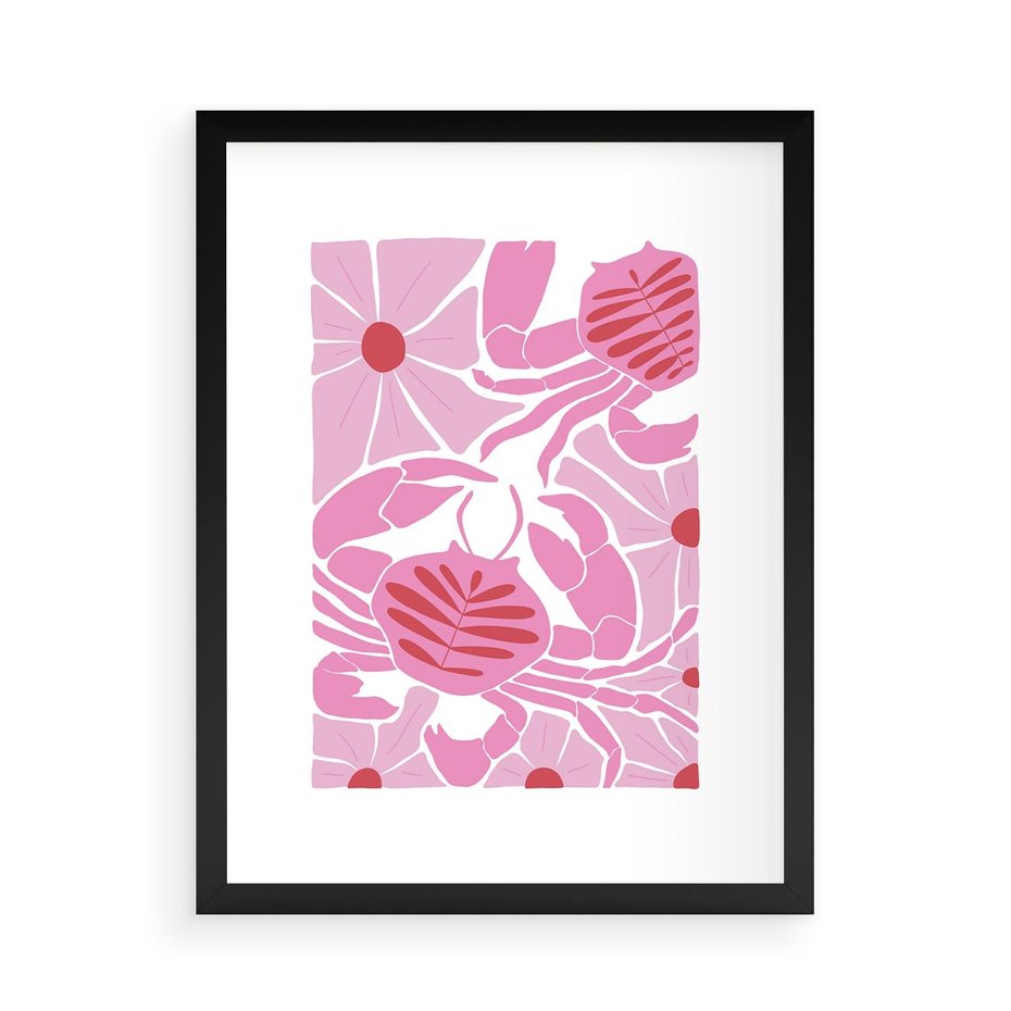 Plakat w ramie 50x70 - Roztańczone Kraby - różowe kwiaty i kraby, abstrakcyjna kompozycja - rama czarna