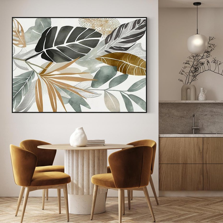 Obraz w ramie 100x70 - Współbrzmienie wewnętrznego ja - kompozycja z tropikalnych liści, stonowane kolory - rama czarna