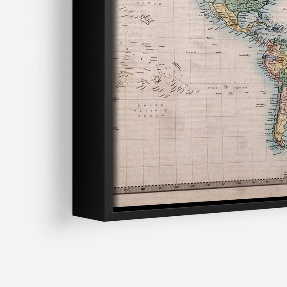 Obraz w ramie 100x70 - Światło Przeszłości - retro mapa świata, mapa - rama czarna