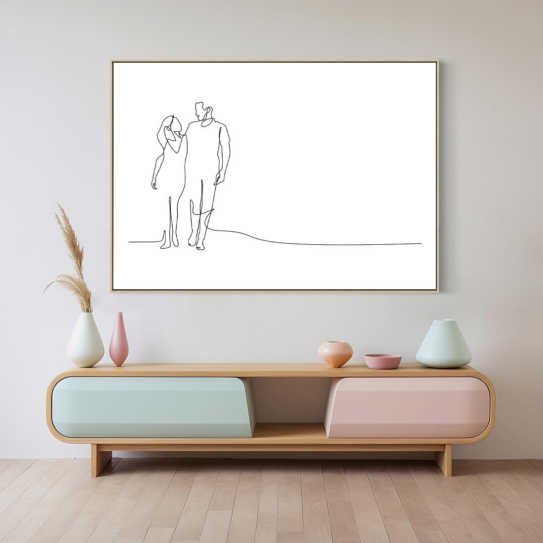Obraz w ramie 70x50 - Wspólne Kroki - line art, szkic - rama drewno