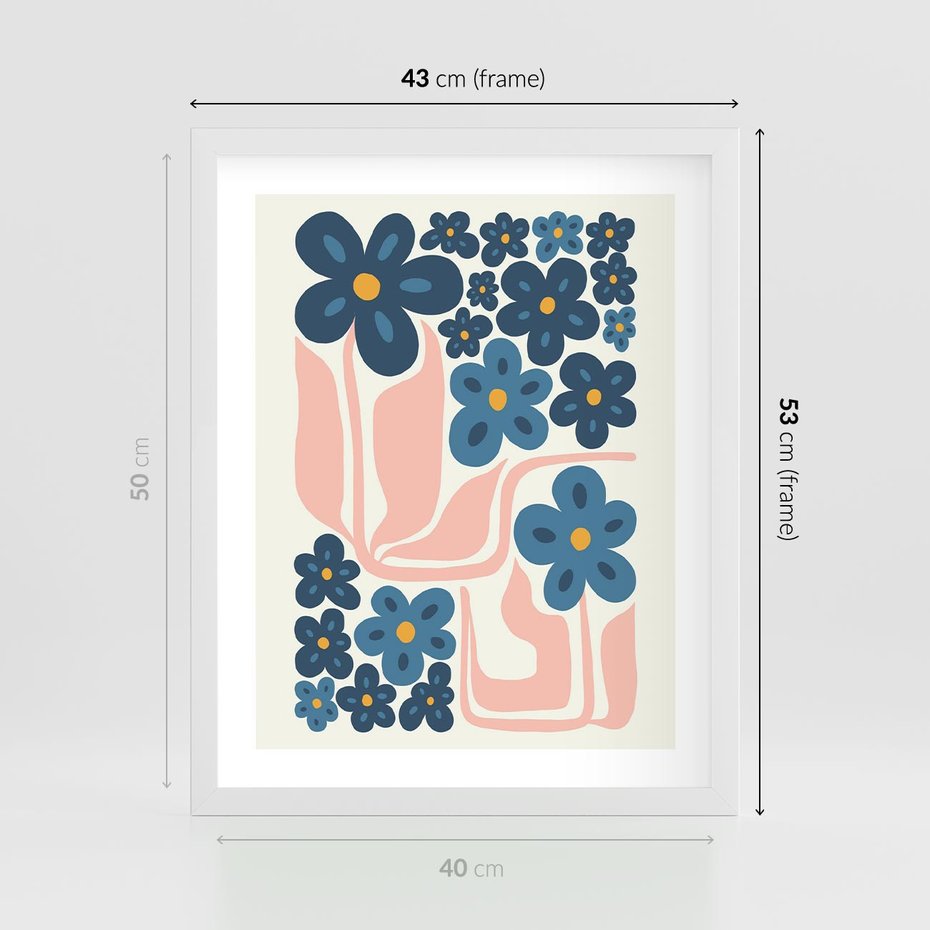 Plakat w ramie 40x50 - Niebieskie Refleksje - niebieskie kwiaty, niezapominajki - rama biała