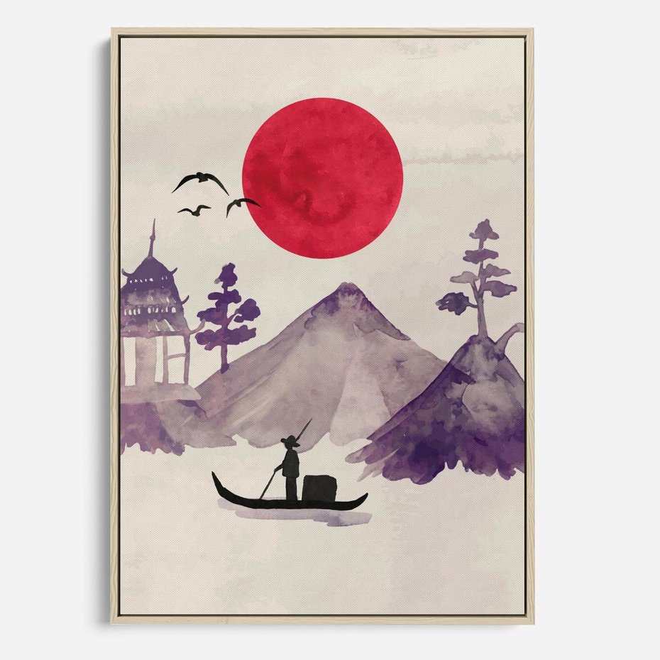 Obraz w ramie 70x100 - Odbicie Słońca - japońska sztuka, akwarela - rama drewno