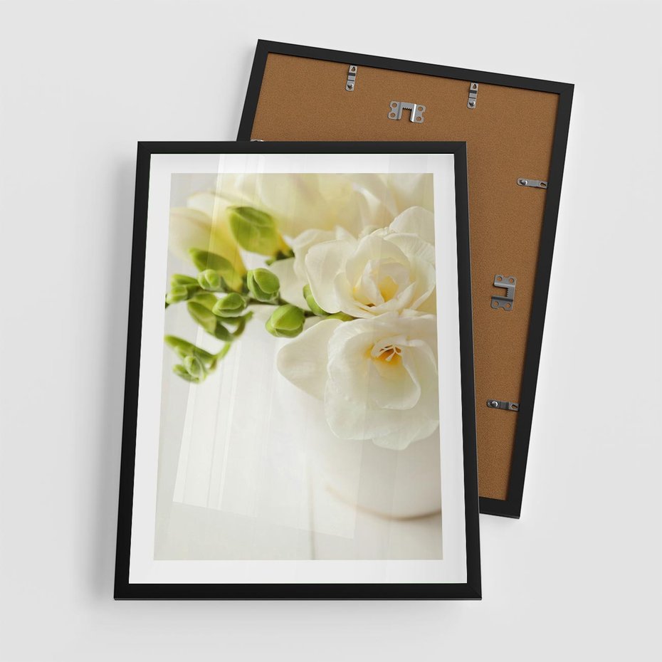 Plakat w ramie 50x70 - Subtelność białych frezji - frezja, białe - rama czarna