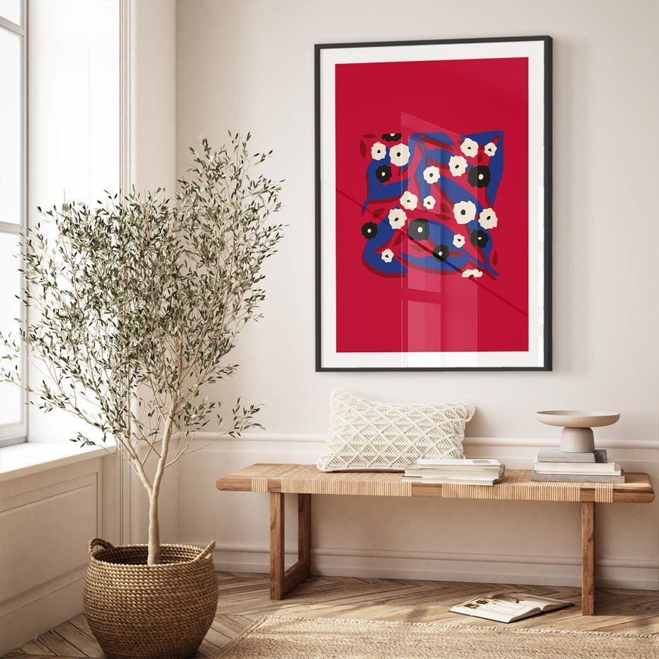 Plakat bez ramy 50x70 - Kolorowe Przenikanie - abstrakcyjna kwiatowa kompozycja, czerwone mocne tło