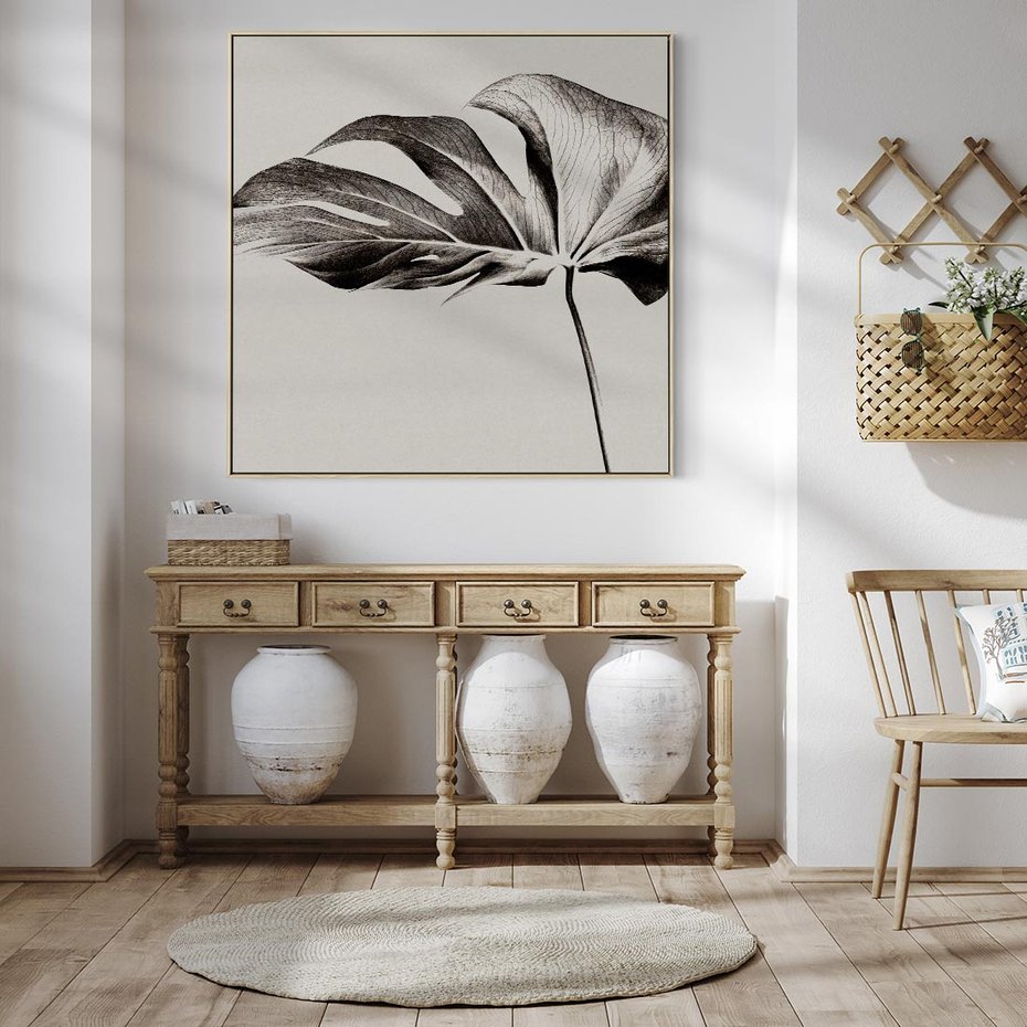 Obraz w ramie 80x80 - Szepczący Liść - szkic, czarno biały - rama drewno