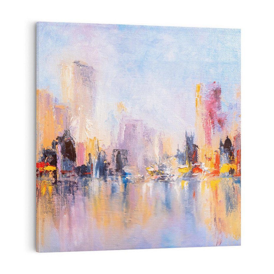 Obraz na płótnie 50x50 - Miasto Refleksji - olejna panorama miasta w oddali, wiezowce odbijają się w rzece