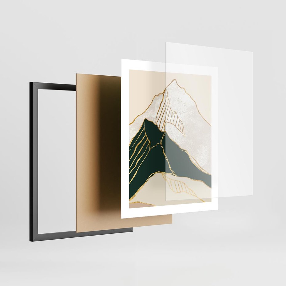 Plakat w ramie 40x50 - Minimalistyczne Góry: Złota Sztuka Natury - minimalistyczna grafika, góry - rama czarna