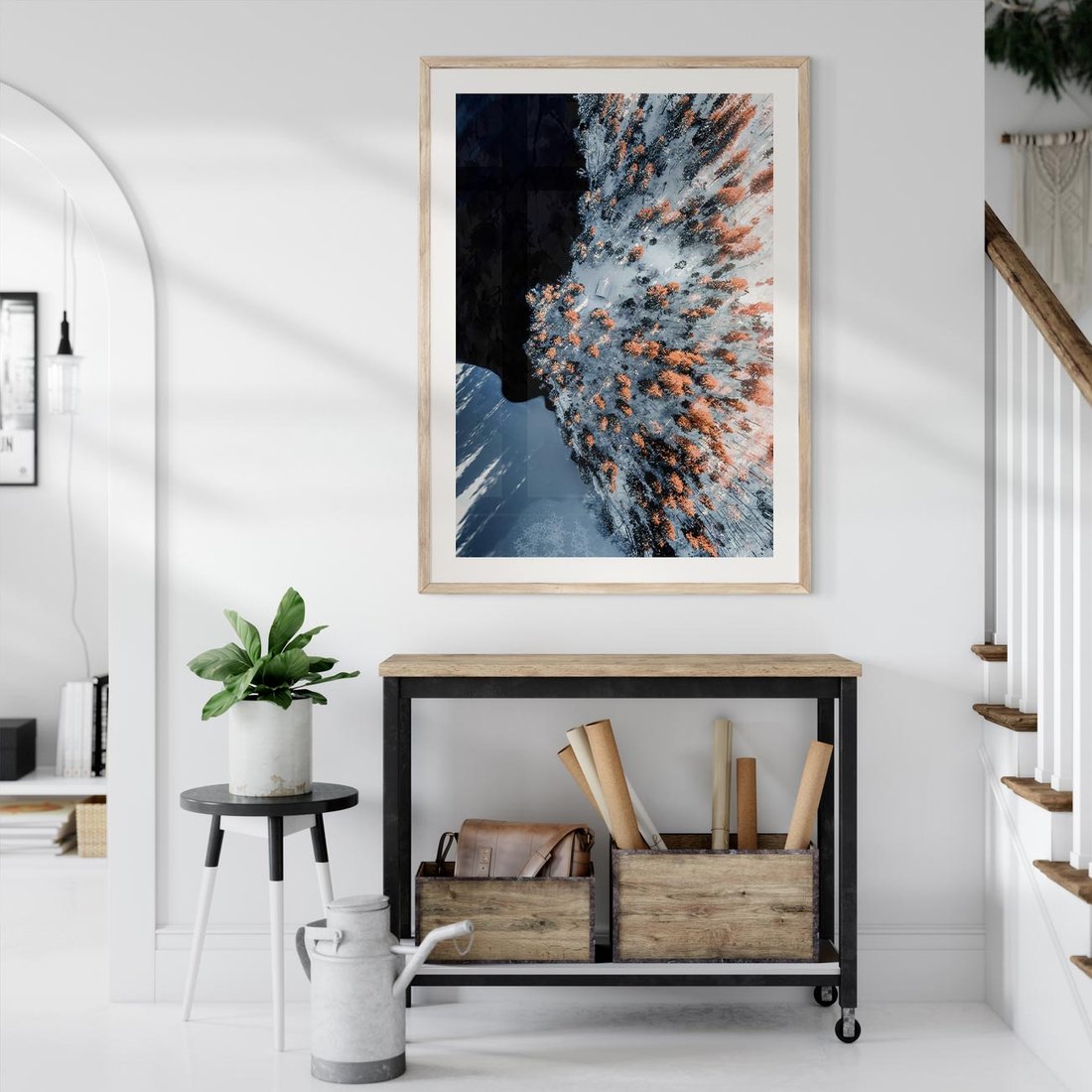 Plakat w ramie 50x70 - Lot Ptaka - zima, zimowy krajobraz - rama drewno